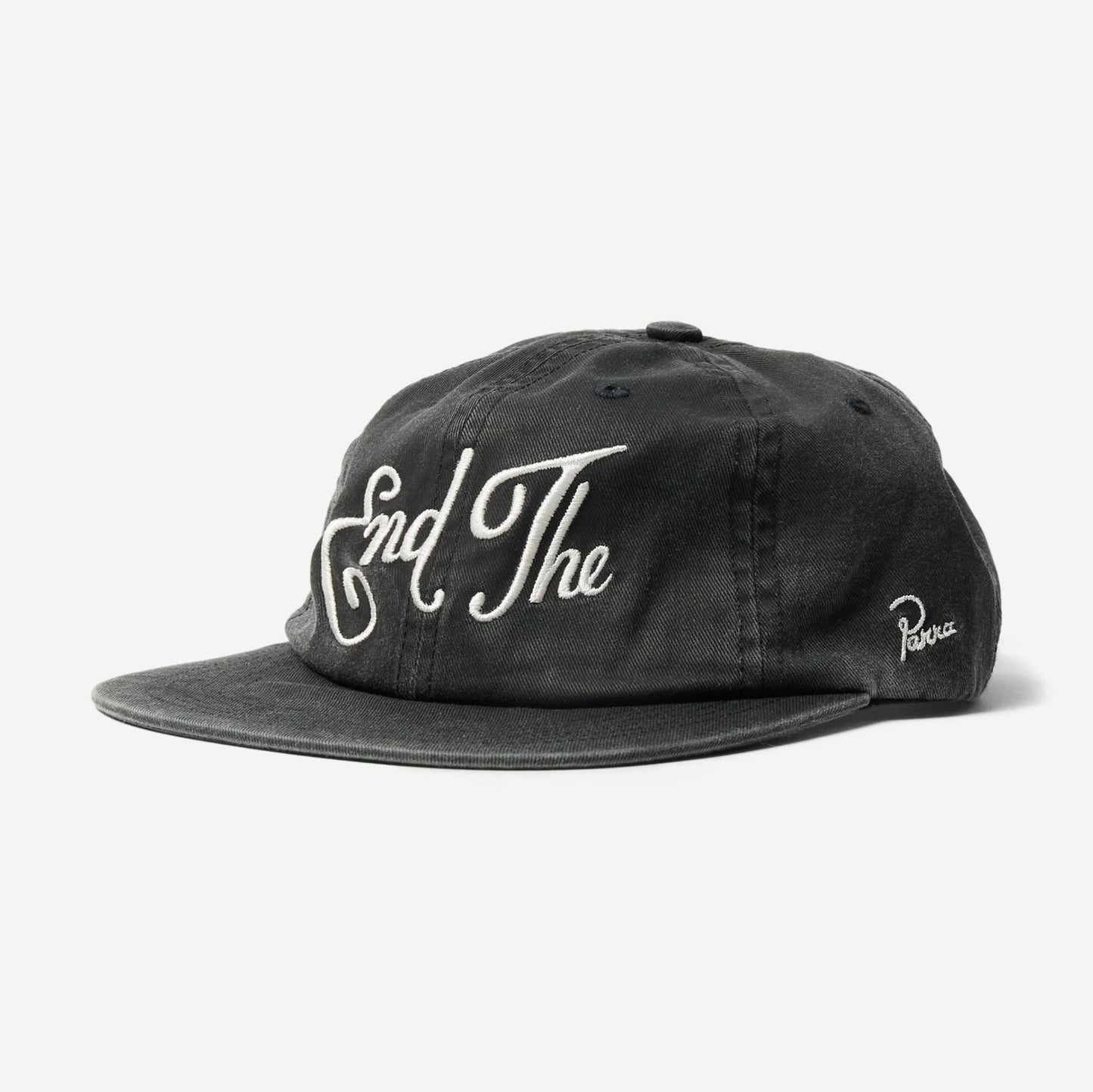 Black 6-panel hat by Parra featuring a structured design and flat brim, displayed on a clean background.