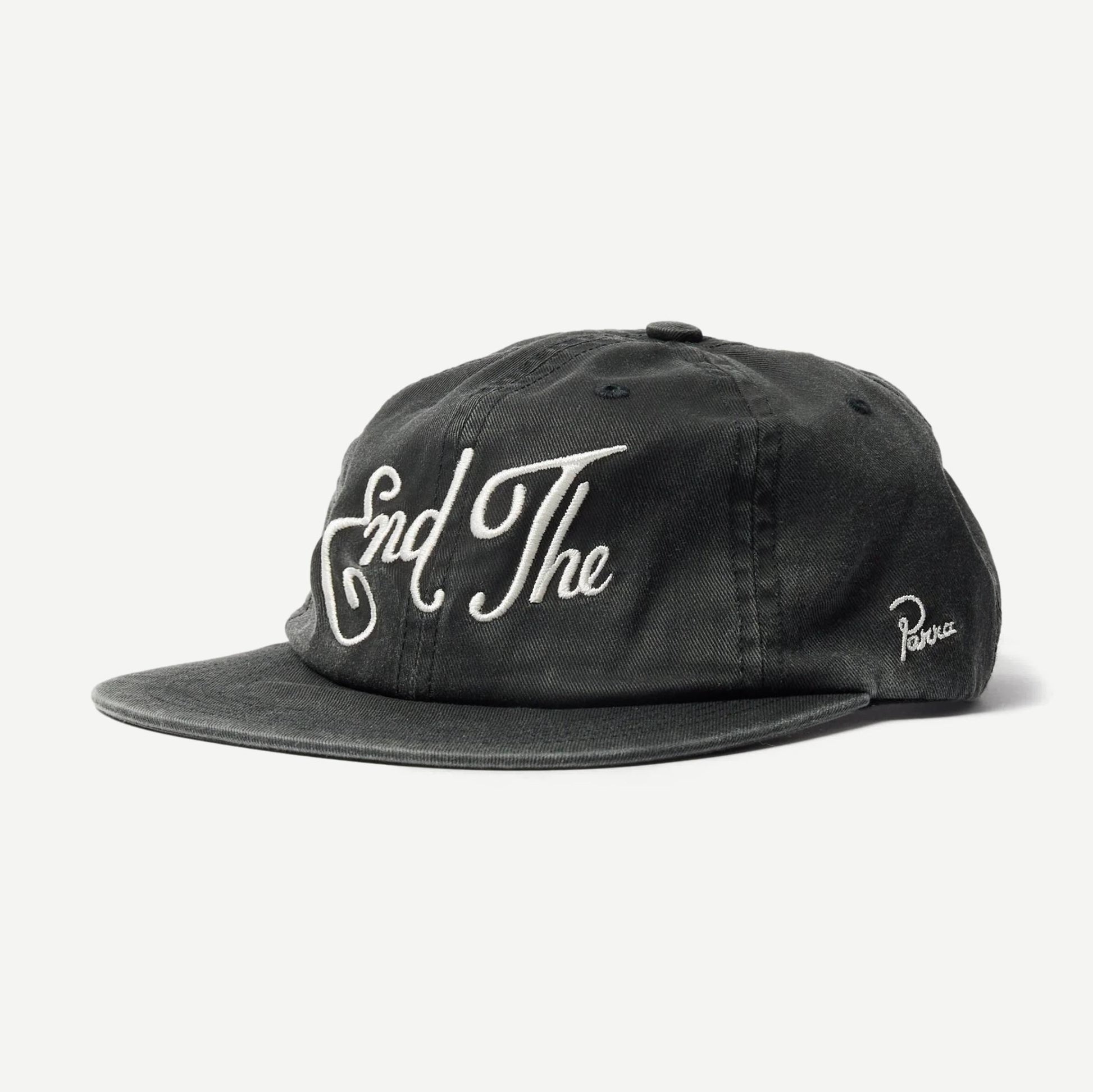 Black 6-panel hat by Parra featuring a structured design and flat brim, displayed on a clean background.