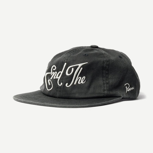 Black 6-panel hat by Parra featuring a structured design and flat brim, displayed on a clean background.
