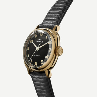Shinola Mechanic 3H 39mm watch with black leather strap and black dial
