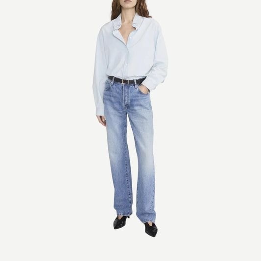 Frame Denim Heritage Patched Shirt in Mafalda with distressed details and patchwork, casual long-sleeve shirt for women.