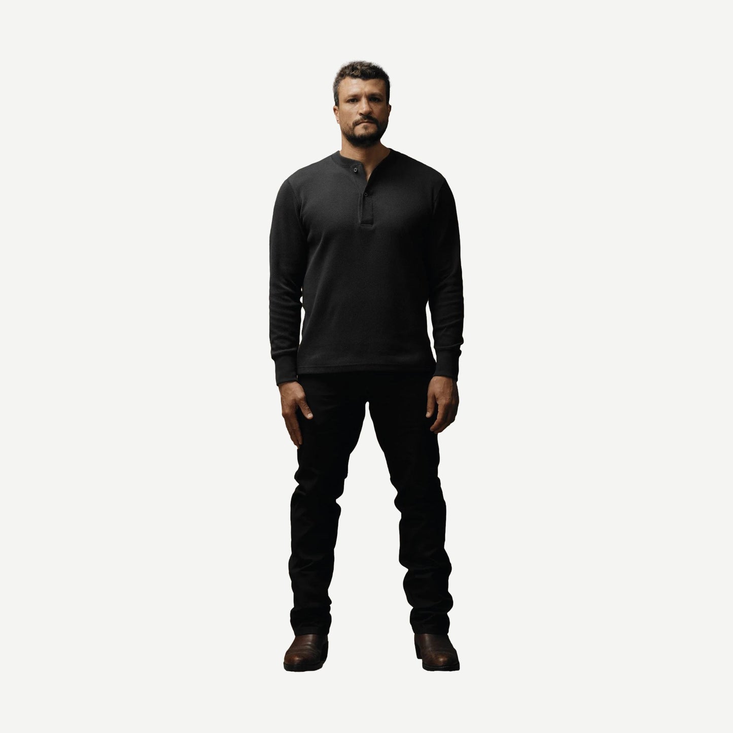 Waffle Knit Thermal Henley - Faded Black