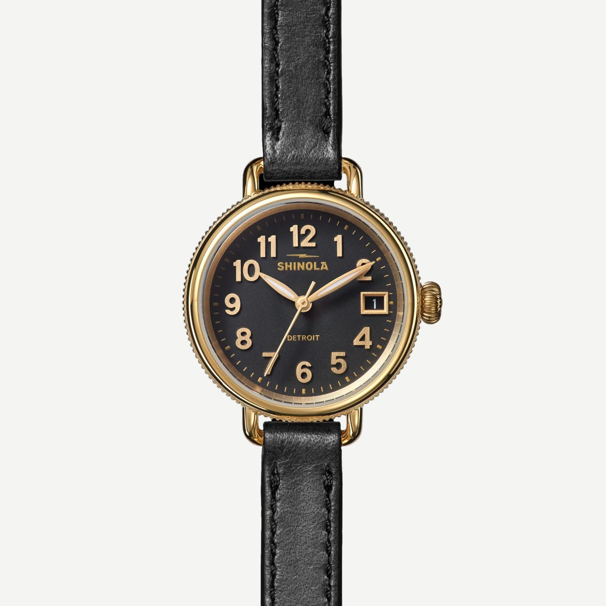 Shinola Birdy 3HD 31mm watch with a black dial, black case, and black leather strap