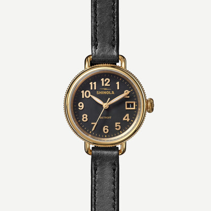 Shinola Birdy 3HD 31mm watch with a black dial, black case, and black leather strap
