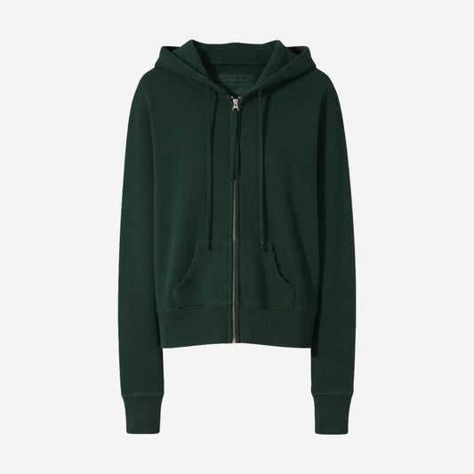 Nili Lotan Callie Zip Up Hoodie in evergreen, a stylish women's jacket with a front zipper and hood, casual and comfortable.