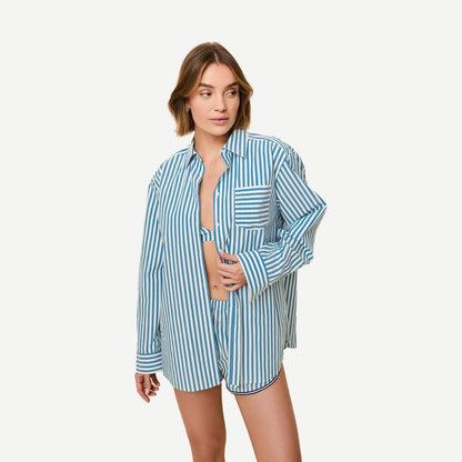 The Avril Button Down - French Blue/Brule Stripe