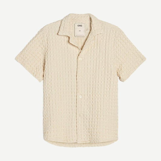 OAS Cuba Waffle SS Button Up Shirt in ecru, showcasing a textured waffle fabric and classic collar design.