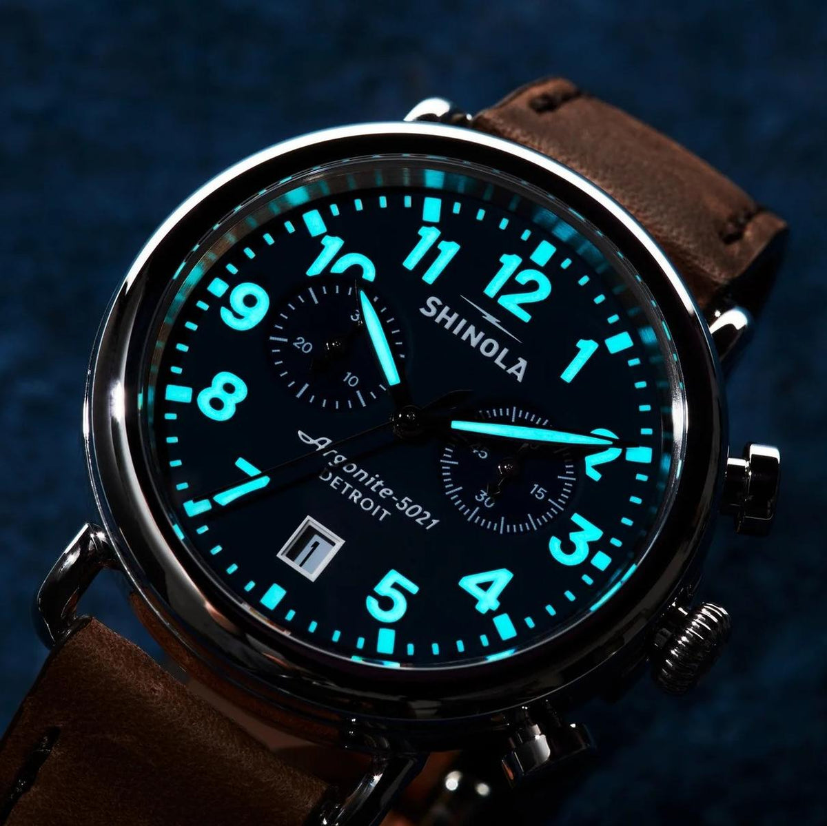 Shinola Runwell Chrono 41mm watch with British tan leather strap and midnight blue dial