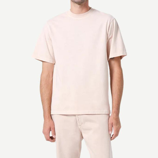 Agolde Asha Mock Neck Tee in Foundation color, close-up of soft cotton fabric and fitted silhouette, casual T-shirt style.