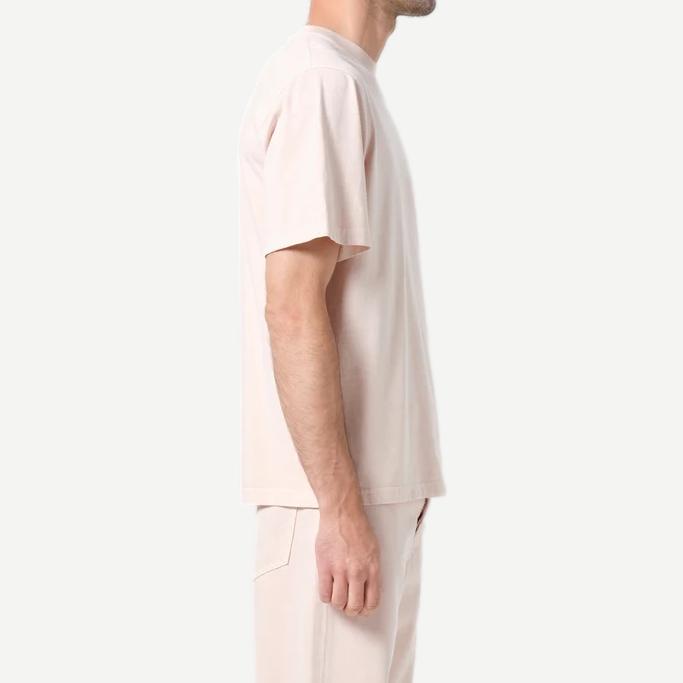 Agolde Asha Mock Neck Tee in foundation color, close-up of soft cotton fabric and fitted style on mannequin.
