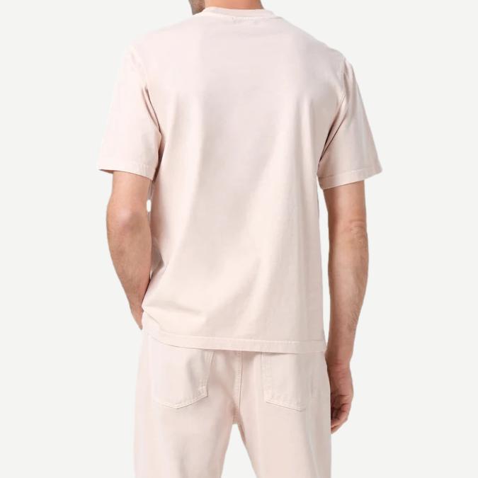 Agolde Asha Mock Neck Tee in foundation color, close-up of soft cotton fabric and fitted mock neck style.