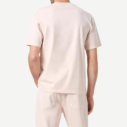 Agolde Asha Mock Neck Tee in foundation color, close-up of soft cotton fabric and fitted mock neck style.