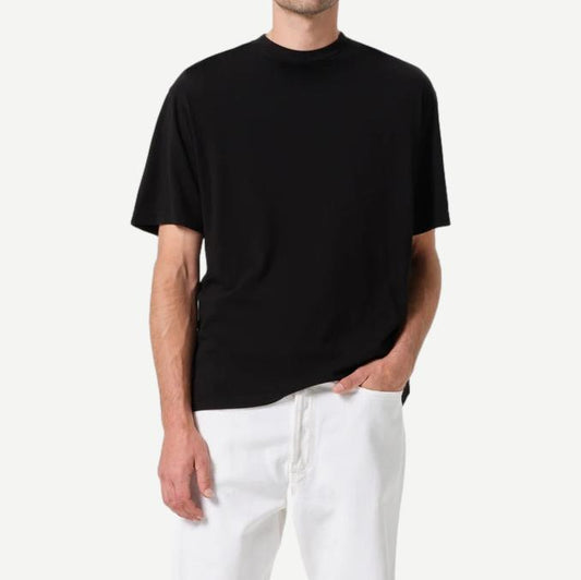 Black Agolde Asha Mock Neck Tee, close-up of soft cotton fabric and fitted style, showcasing the stylish neckline and sleek design.