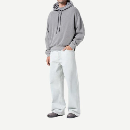 Agolde Salford Hoodie in charcoal gray, casual sweatshirt with a relaxed fit and ribbed cuffs, shown on a model.