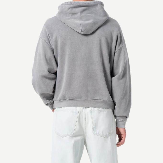 Agolde Salford Hoodie in gray, casual sweatshirt with a relaxed fit, featuring a hood and front pocket, on a neutral background.