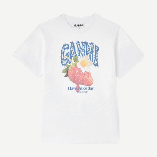Bright white Ganni T-shirt featuring a colorful strawberry graphic on the front, casual and stylish for everyday wear.