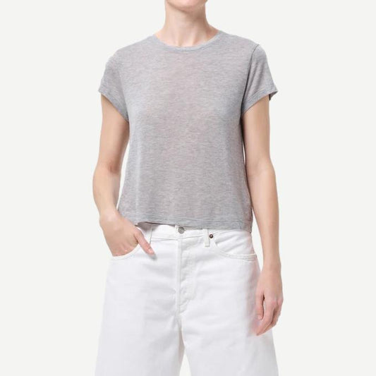 Grey Heather Adine Shrunken T-Shirt by Agolde, close-up of soft cotton fabric with fitted, cropped silhouette.