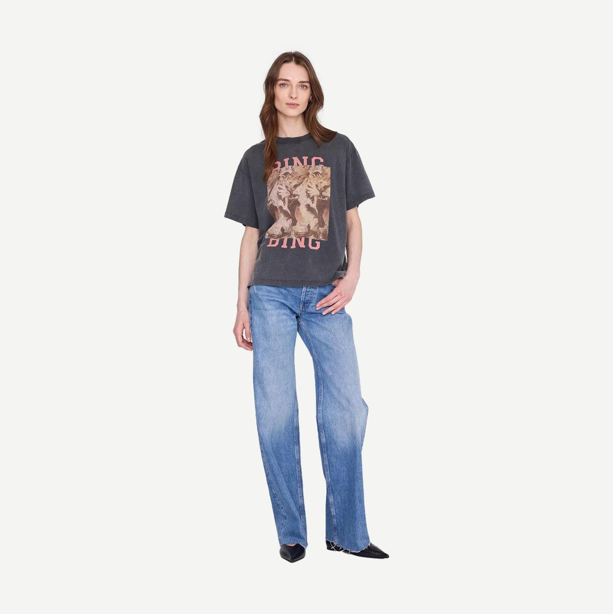 Anine Bing Cade Tee Tiger Bing washed black T-shirt with tiger graphic on soft cotton fabric, casual and stylish fit.