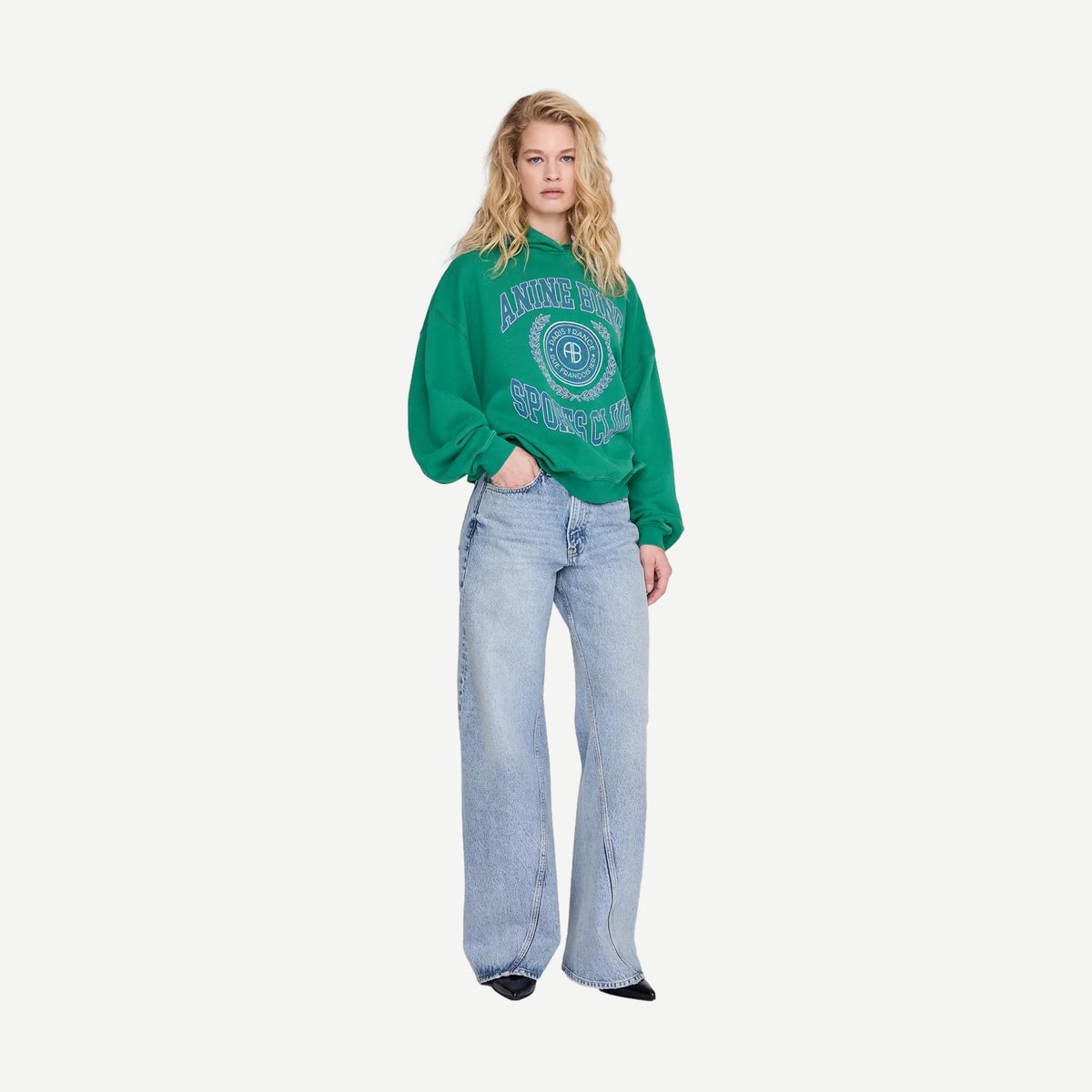 Green Anine Bing Harvey Sweatshirt Collegiate style with ribbed cuffs and a relaxed fit, shown on a hanger.
