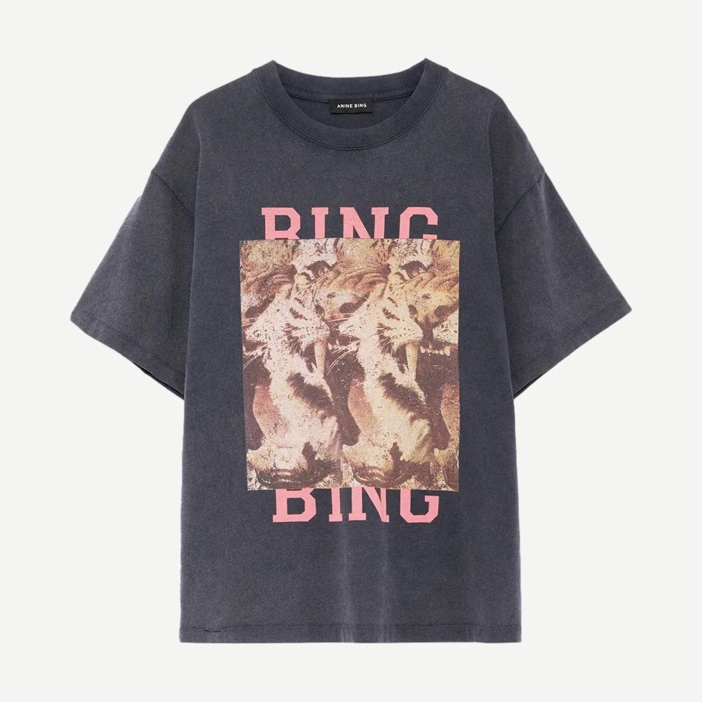 Anine Bing Cade Tee Tiger Bing in washed black, a casual black T-shirt with tiger graphic print on front.