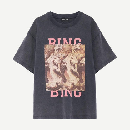 Anine Bing Cade Tee Tiger Bing in washed black, a casual black T-shirt with tiger graphic print on front.