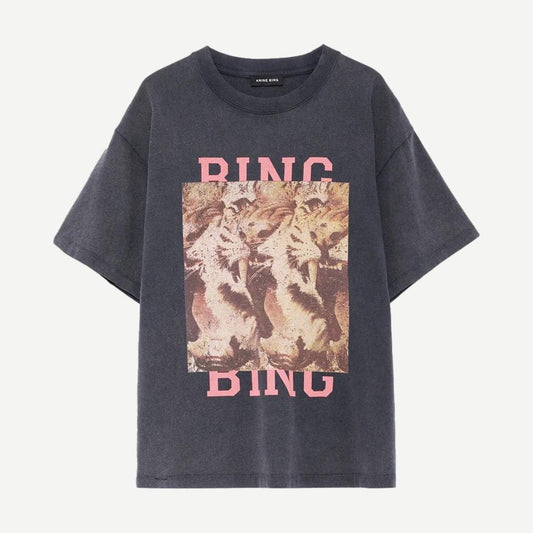 Anine Bing Cade Tee Tiger Bing in washed black, a casual black T-shirt with tiger graphic print on front.
