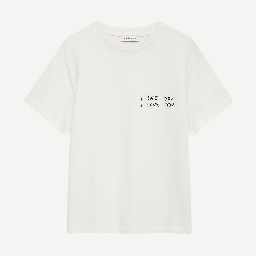 Anine Bing Shelley Tee I See You I Love You washed cream T-shirt with printed text, casual fit, and soft fabric.