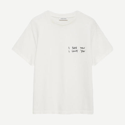 Anine Bing Shelley Tee I See You I Love You washed cream T-shirt with printed text, casual fit, and soft fabric.