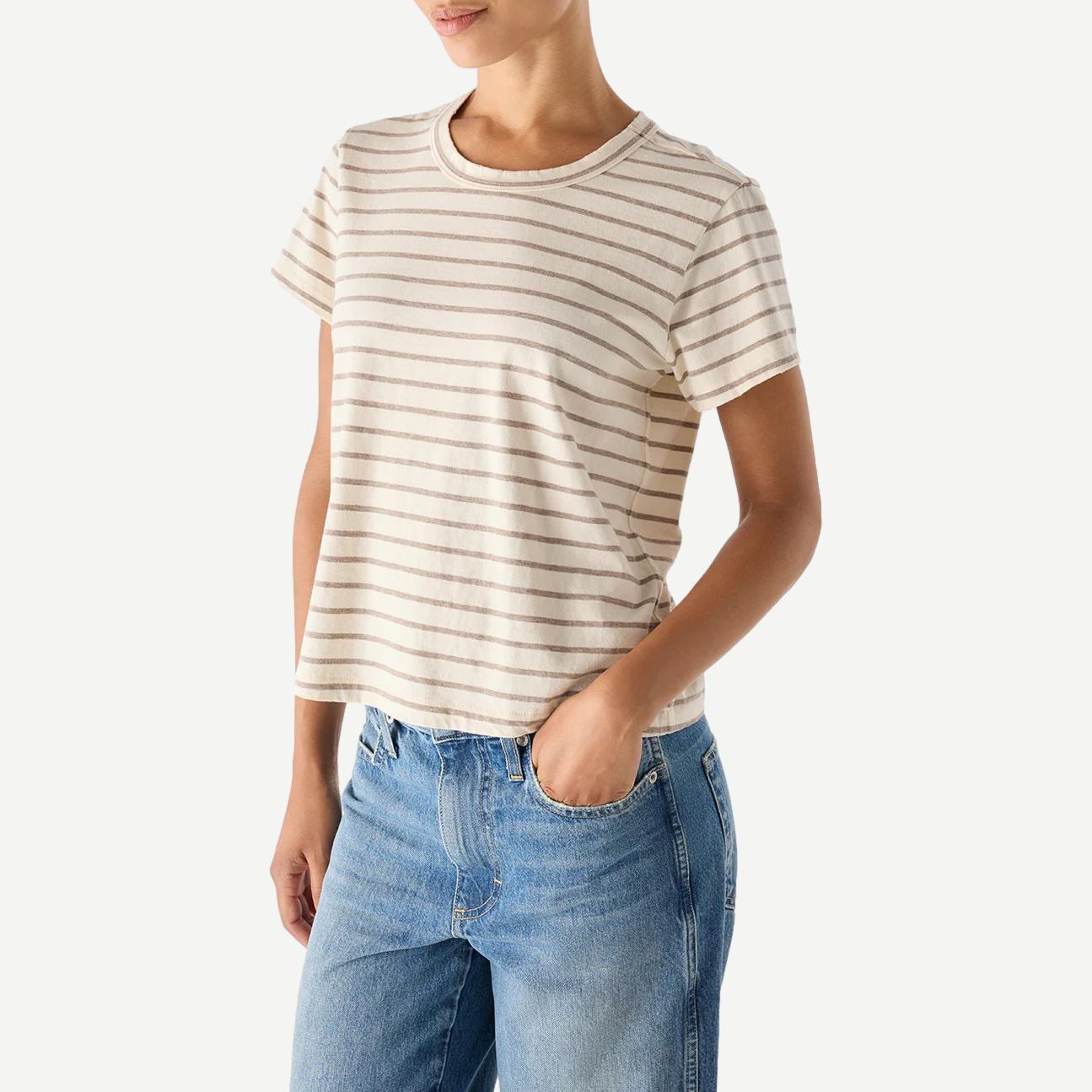 AMO Lovely Tee in Natural Haze color, casual t-shirt with soft fabric, displayed on a hanger.