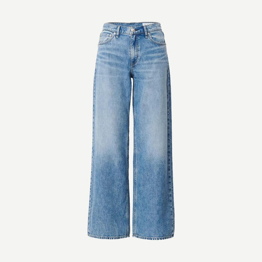Rag and Bone Andi Wide Leg Jean in denim, showing the relaxed fit and classic five-pocket design on a model.