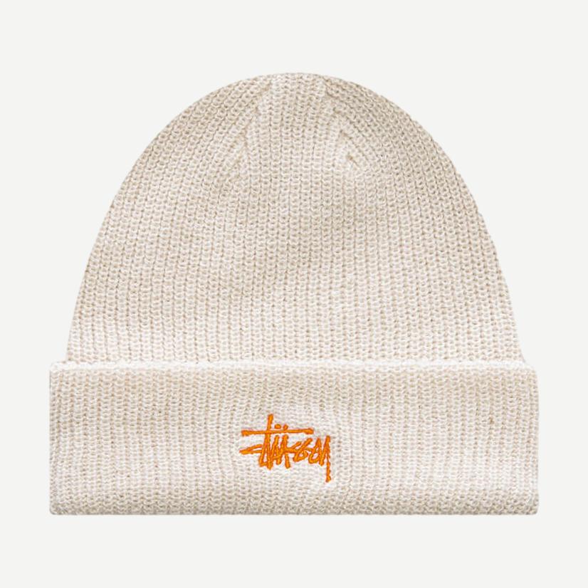 Stussy Basic Cuff Beanie in cloud color, soft knit fabric, snug fit, stylish winter headwear with cuff detail.