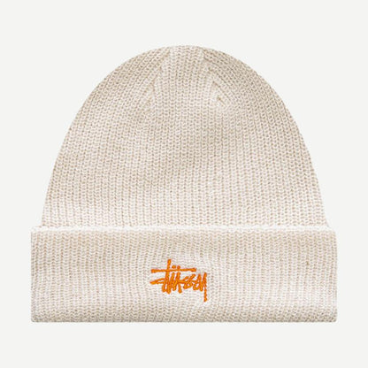Stussy Basic Cuff Beanie in cloud color, soft knit fabric, snug fit, stylish winter headwear with cuff detail.