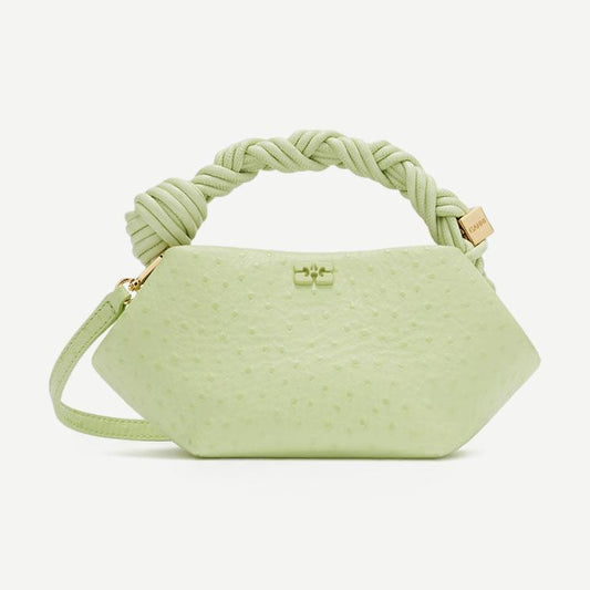 Ganni Bou Mini Ostrich purse in Lily Green, showcasing a compact purse with textured ostrich leather and a sleek design.