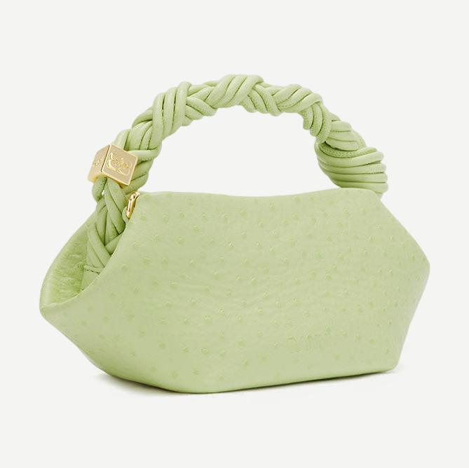 Ganni Bou Mini Ostrich purse in Lily Green, small elegant handbag with textured ostrich leather and gold-tone hardware.