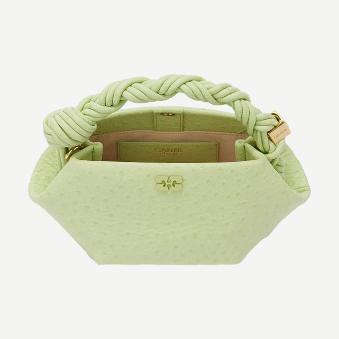 Ganni Bou Mini Ostrich purse in Lily Green, showcasing textured ostrich leather and compact, stylish design.