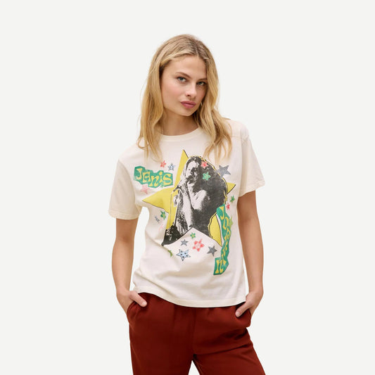 Janis Joplin Scrapobook Art Boyfriend Tee - Stone Vintage