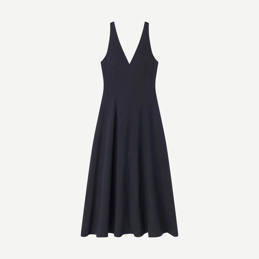 A.L.C. Clara Night Blue Dress shown on a model with elegant fabric and a stylish silhouette.