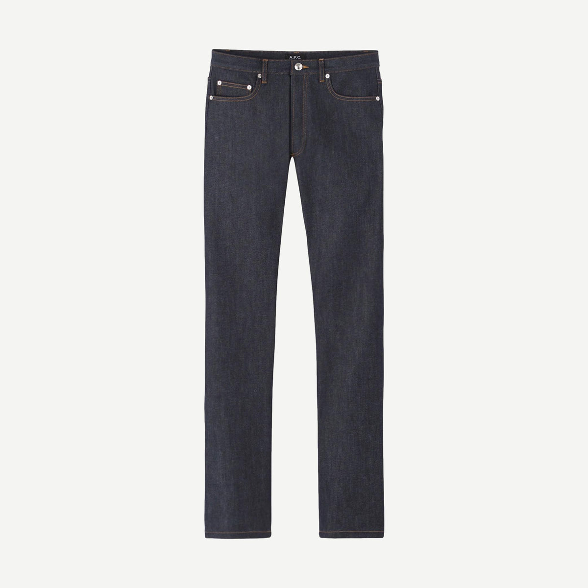 A pair of A.P.C. Indigo Standard Jean denim jeans displayed flat, showcasing classic cut and deep indigo color.