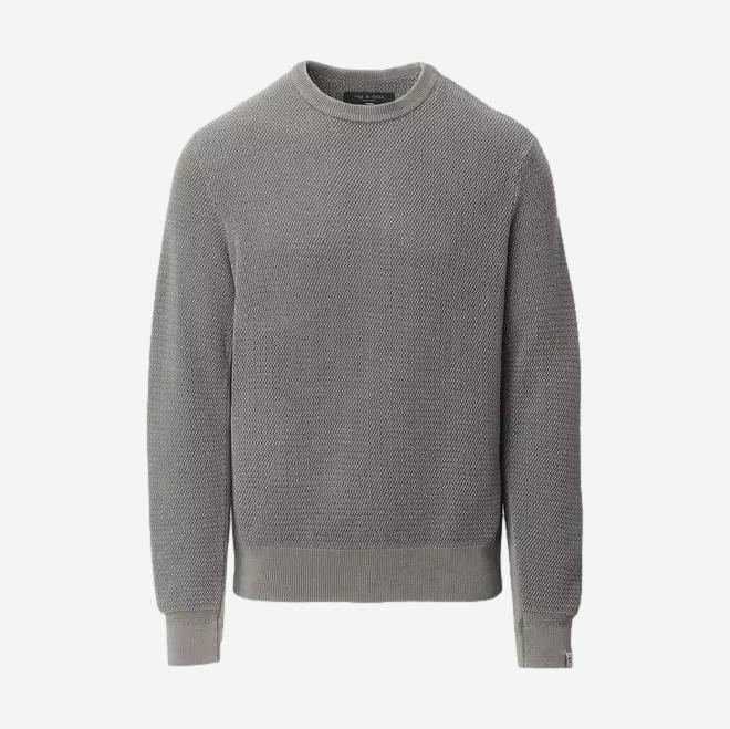 Rag and Bone Caden washed crew sweater in charcoal green, featuring a classic crewneck design and textured knit pattern.