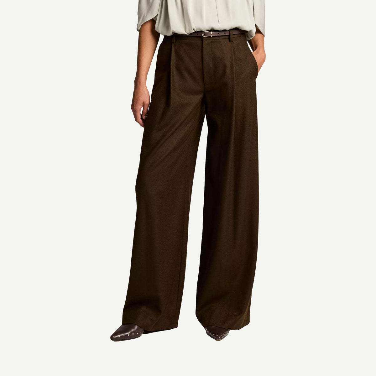 Camille Wide Leg Flannel Trouser - Pinewood