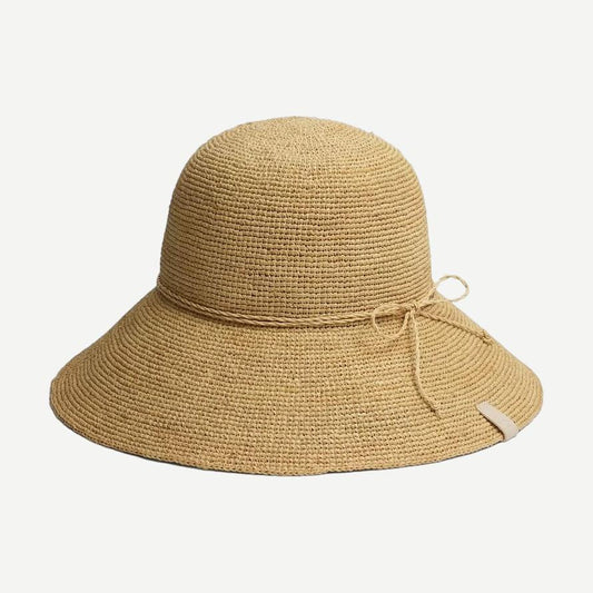 Rag and Bone crochet raffia bucket hat in natural color, stylish wide-brim hat with woven texture for sun protection.