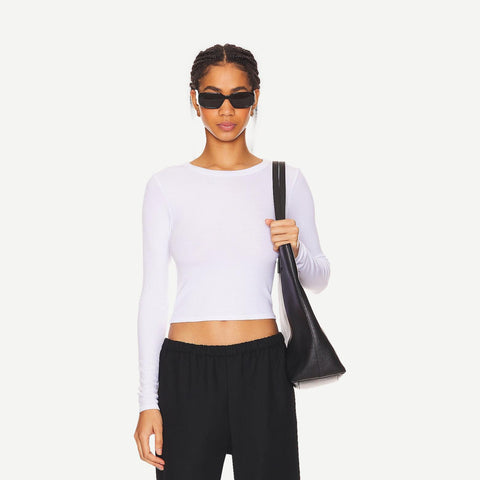 Silk Rib Cropped L/S Crew - White - Galvanic.co