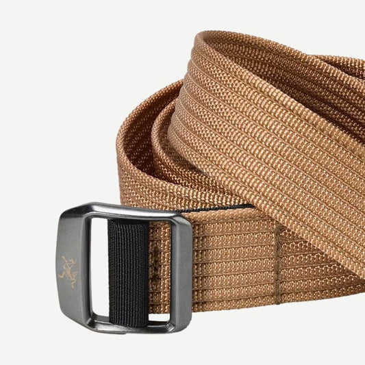 Arcteryx conveyor belt 38mm wide with durable canvas strap, detailed close-up showing texture and sturdy buckle.