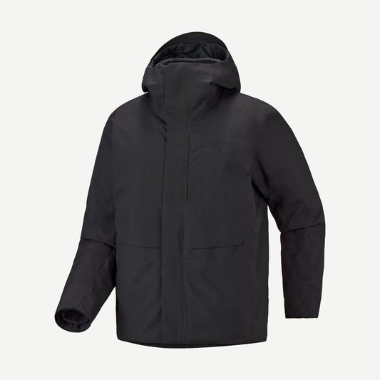 Black Arcteryx Therme Down Jacket for men, showcasing a sleek insulated outerwear design with a high collar and quilted exterior.