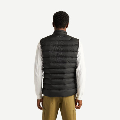 Black Cerium Vest for men by Arcteryx, showing the back view of the lightweight, insulated outdoor outerwear.