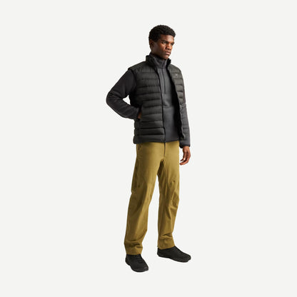 Black Cerium Vest men's outerwear by Arc'teryx shown on a hanger with a sleek, minimalist design and lightweight insulation.