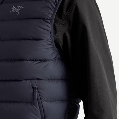Arcteryx Cerium Vest for men in black sapphire, showing fabric detail and sleek design for outdoor layering.