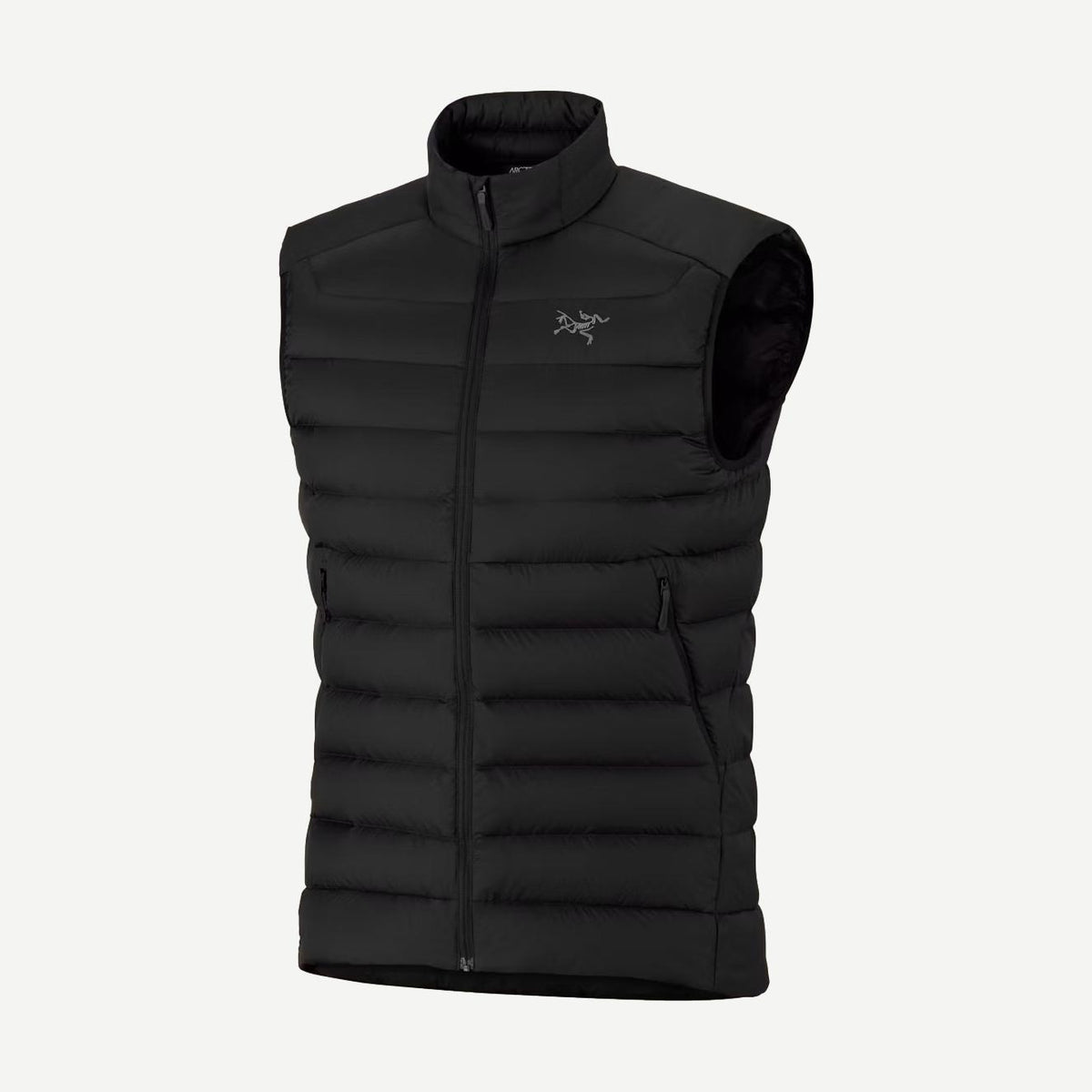 Black Arcteryx Cerium Vest Men's outdoor outerwear shown hanging on a rack, featuring a sleek, lightweight design.