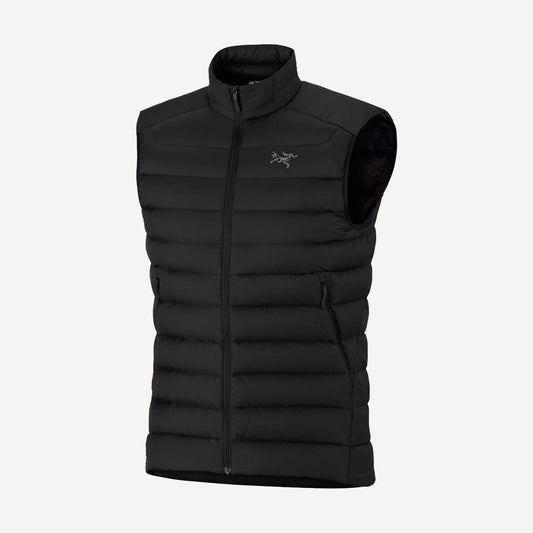 Black Arcteryx Cerium Vest Men's outdoor outerwear shown hanging on a rack, featuring a sleek, lightweight design.