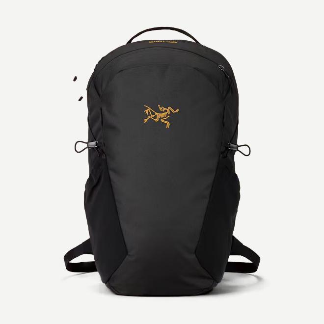 Black Arcteryx Mantis 16 Backpack with front view, featuring sleek design and multiple compartments for day hiking or commuting.